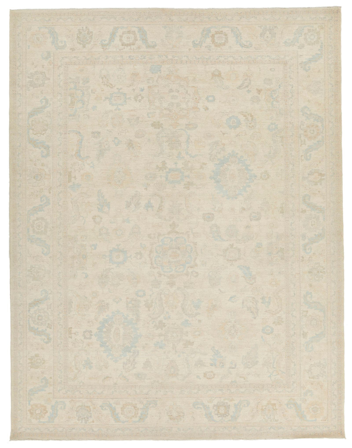 9x12 Ivory and Beige Turkish Oushak Rug