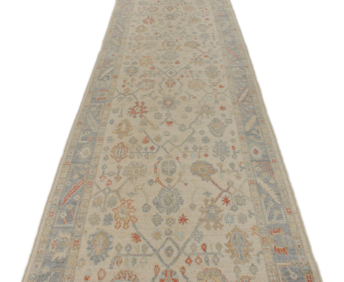 4x16 Ivory and Blue Turkish Oushak Runner