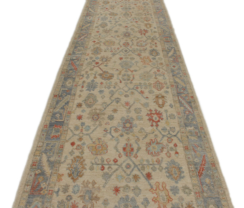 4x16 Ivory and Blue Turkish Oushak Runner