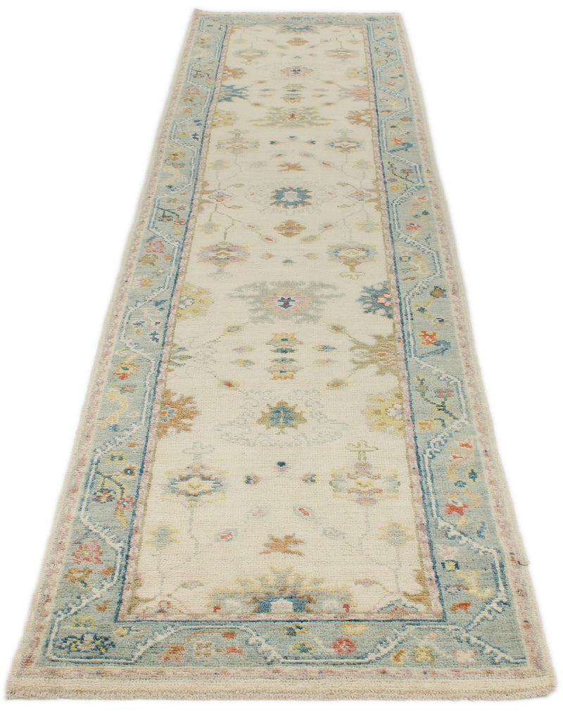 3x12 Ivory and Blue Turkish Oushak Runner
