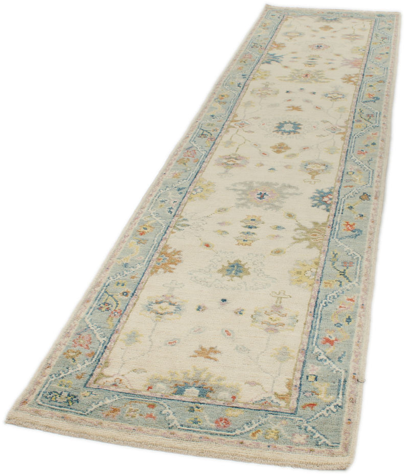 3x12 Ivory and Blue Turkish Oushak Runner