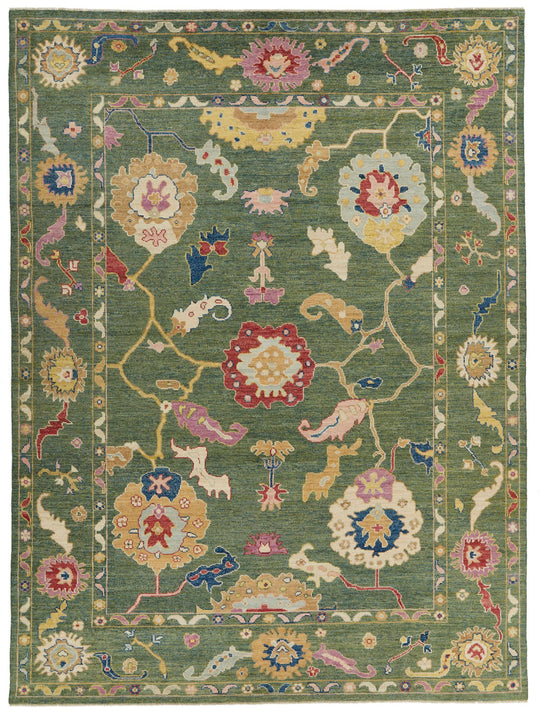 9x12 Green and Multicolor Turkish Oushak Rug