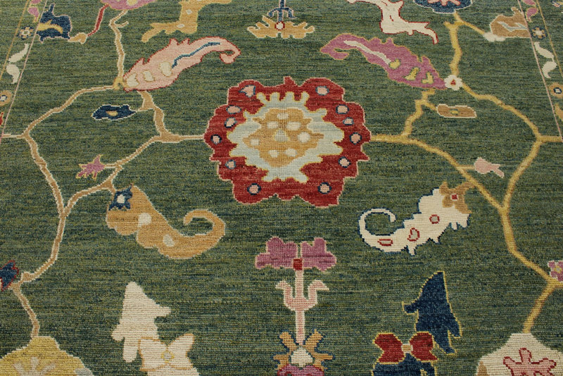 9x12 Green and Multicolor Turkish Oushak Rug