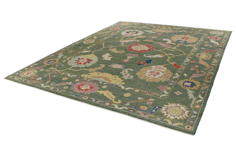 9x12 Green and Multicolor Turkish Oushak Rug