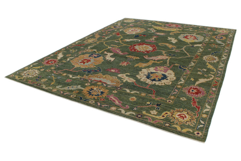 9x12 Green and Multicolor Turkish Oushak Rug