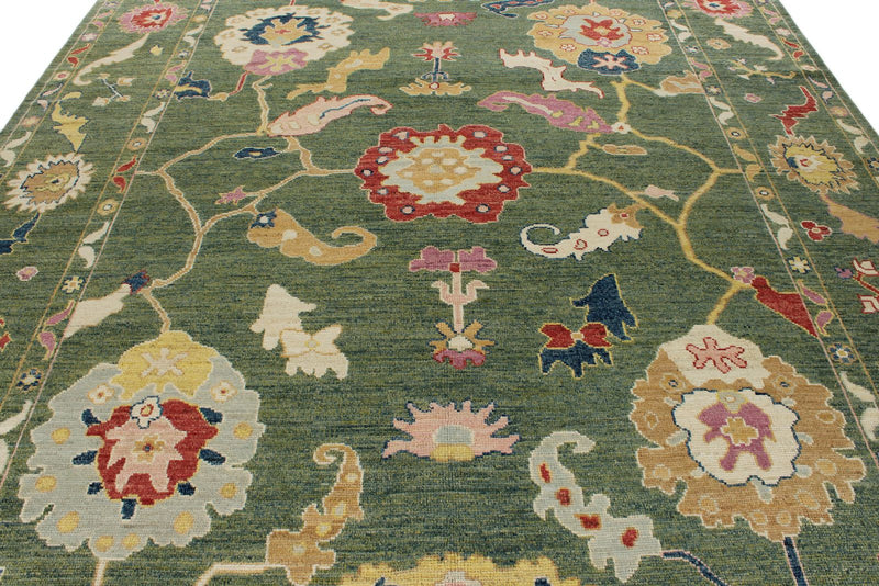 9x12 Green and Multicolor Turkish Oushak Rug