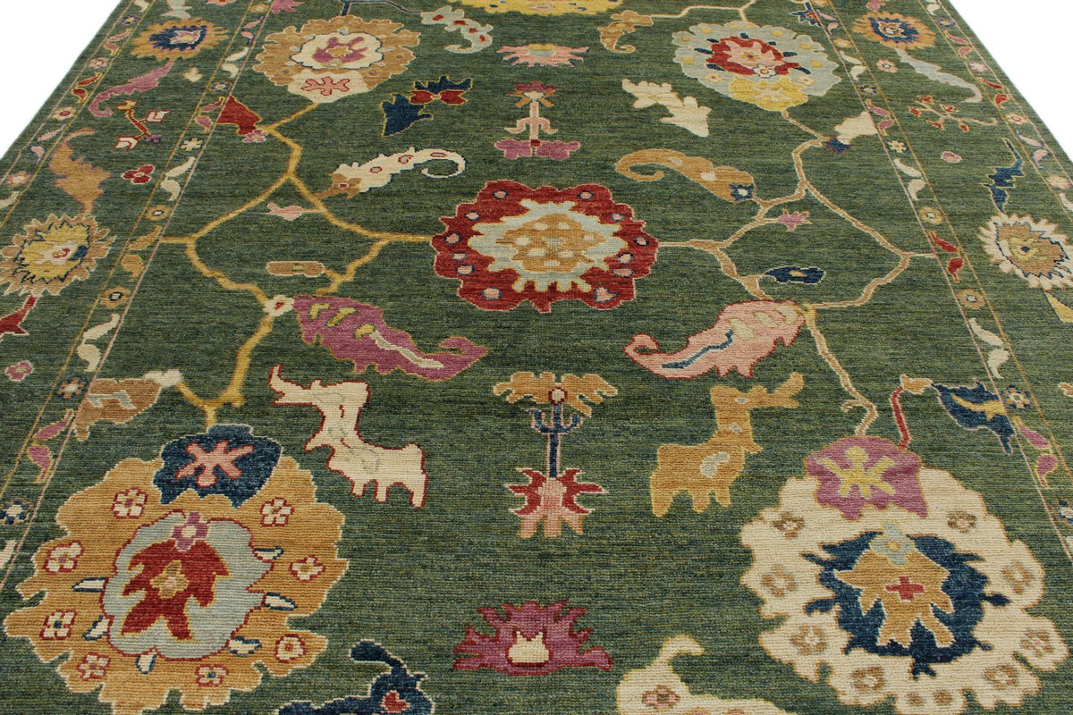 9x12 Green and Multicolor Turkish Oushak Rug