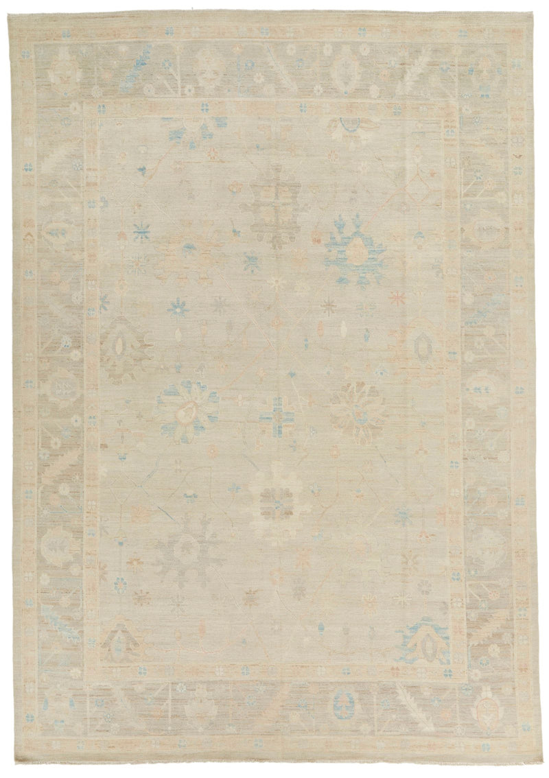 10x14 Ivory and Brown Turkish Oushak Rug