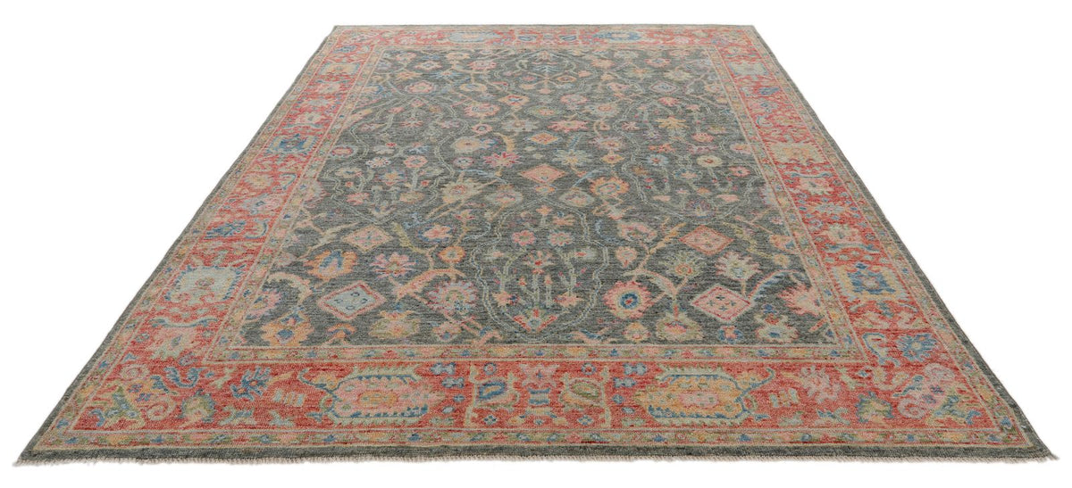 8x10 Gray and Red Turkish Oushak Rug