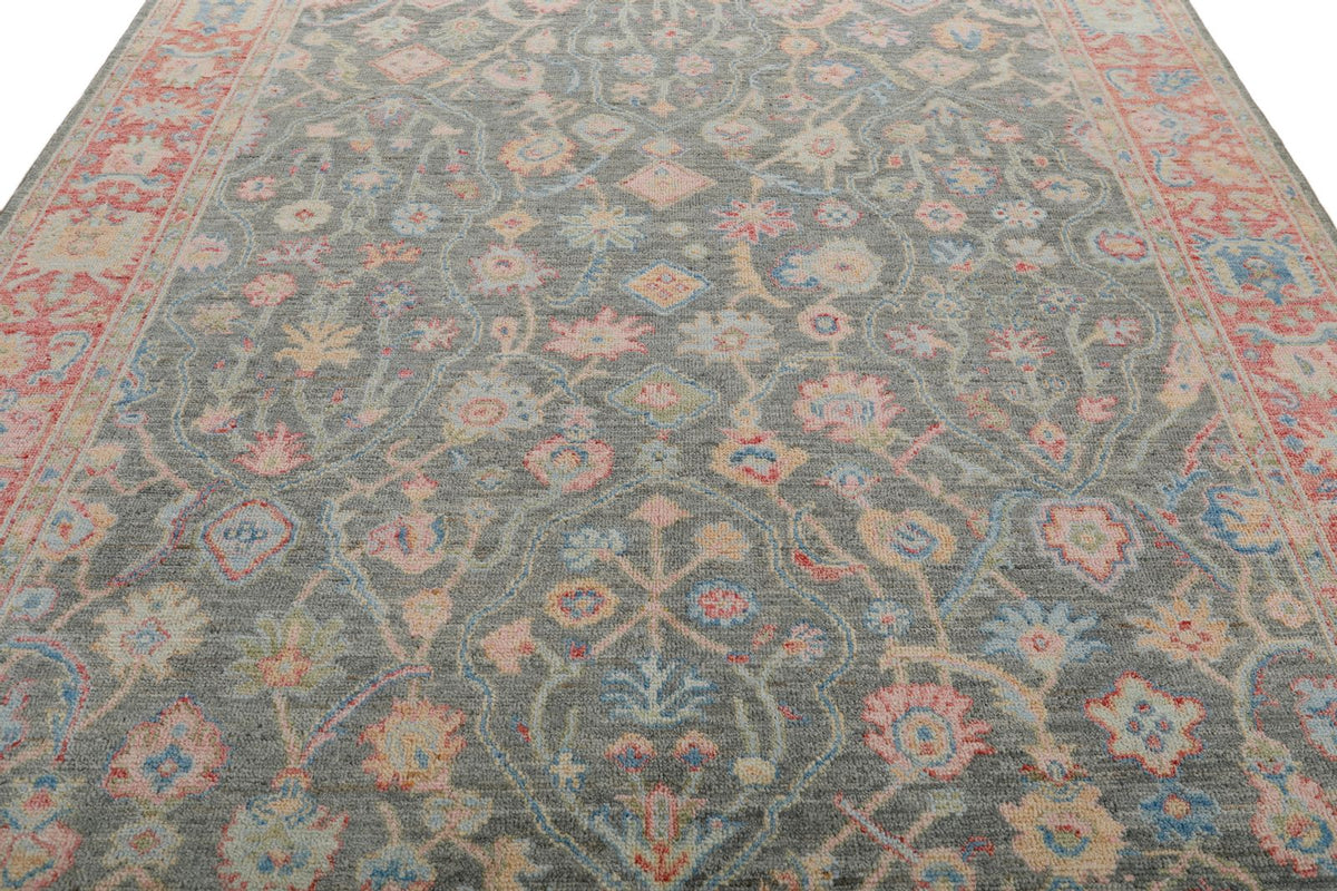 8x10 Gray and Red Turkish Oushak Rug