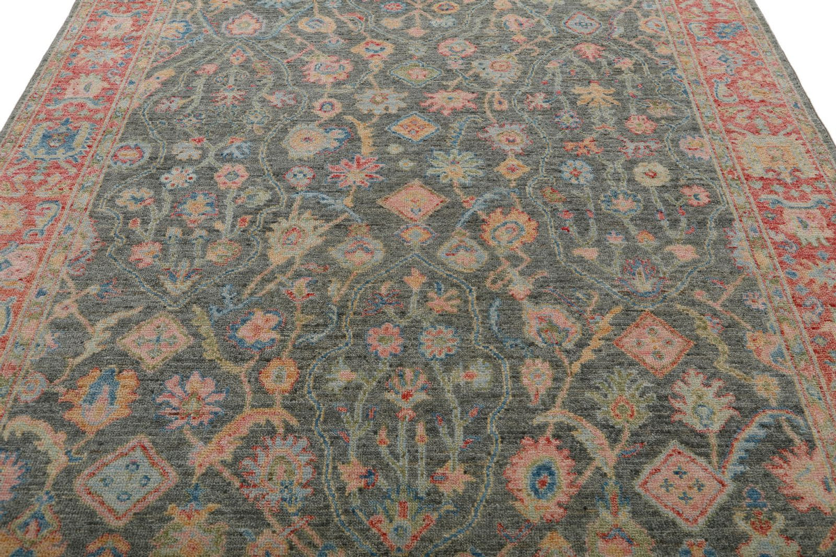 8x10 Gray and Red Turkish Oushak Rug