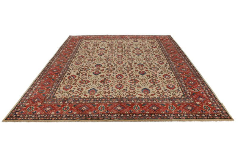 9x12 Beige and Red Turkish Oushak Rug