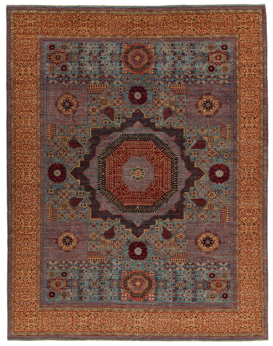 9x12 Blue and Ivory Turkish Tribal Rug