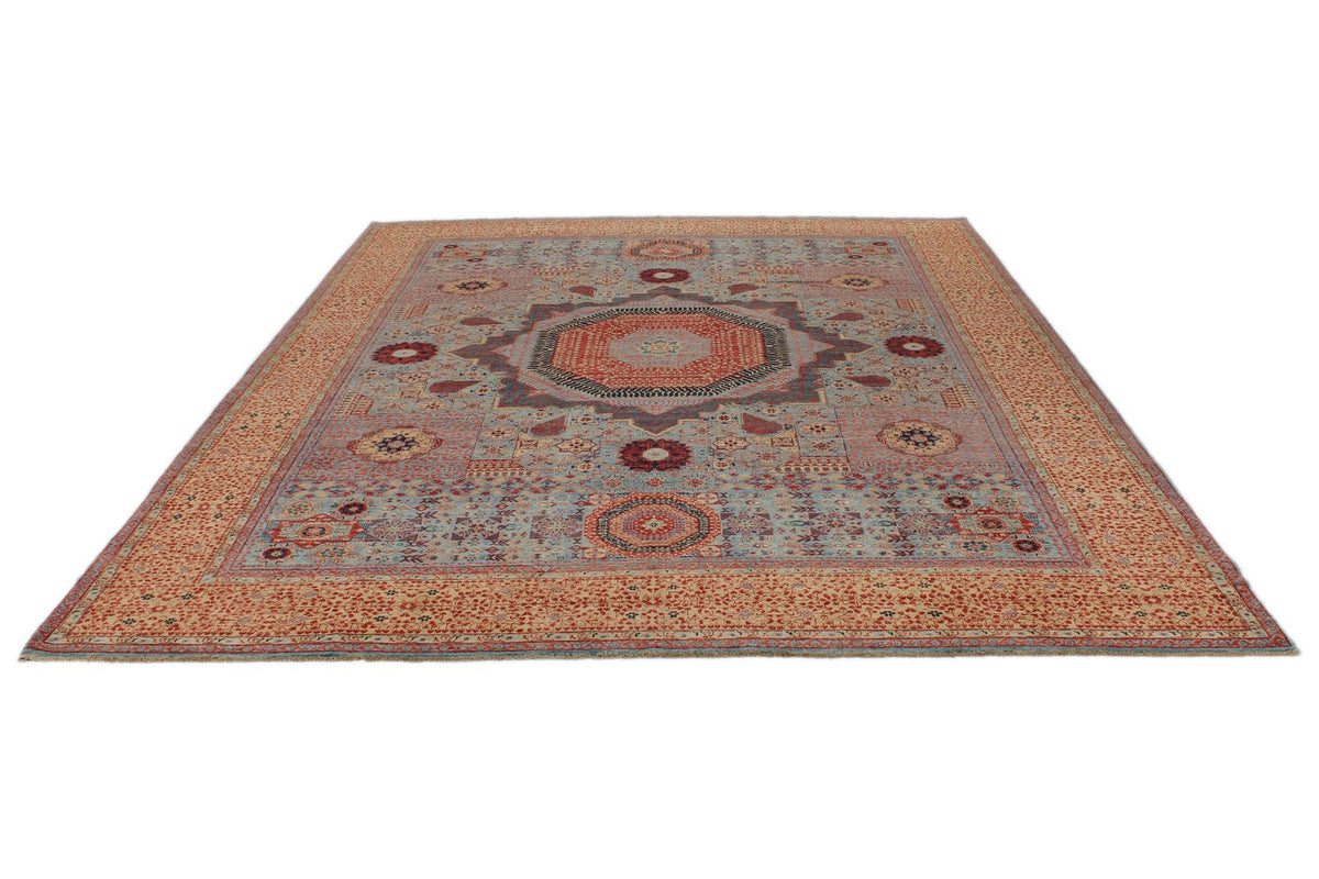 9x12 Blue and Ivory Turkish Tribal Rug