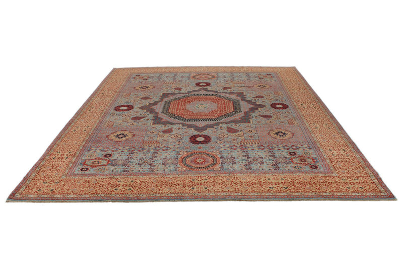 9x12 Blue and Ivory Turkish Tribal Rug