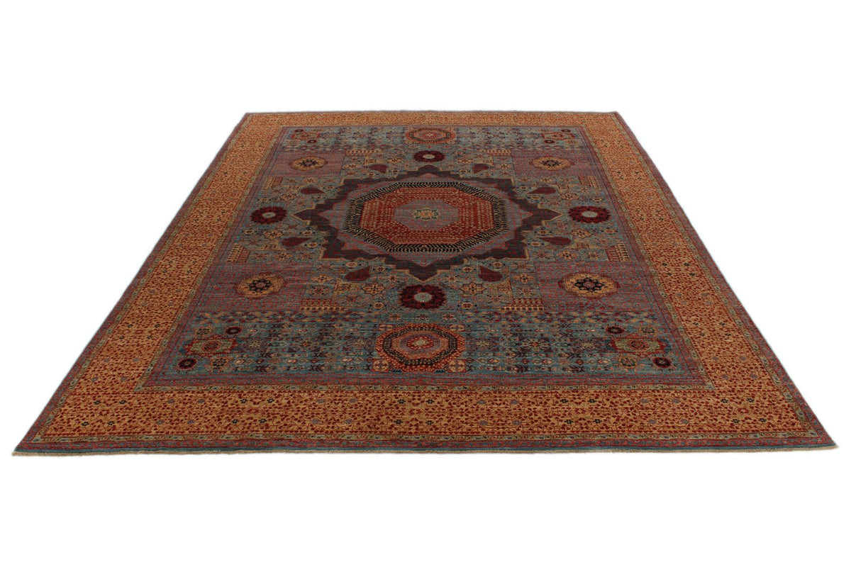 9x12 Blue and Ivory Turkish Tribal Rug