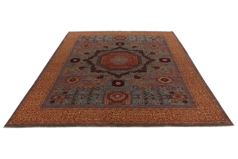 9x12 Blue and Ivory Turkish Tribal Rug