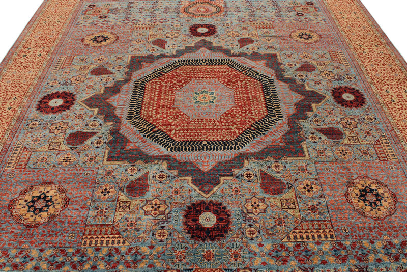 9x12 Blue and Ivory Turkish Tribal Rug