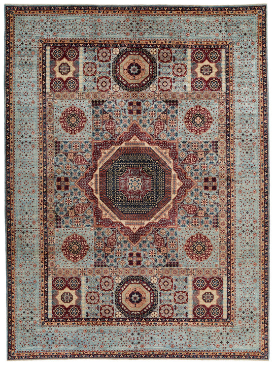 9x12 Light Blue and Multicolor Turkish Tribal Rug