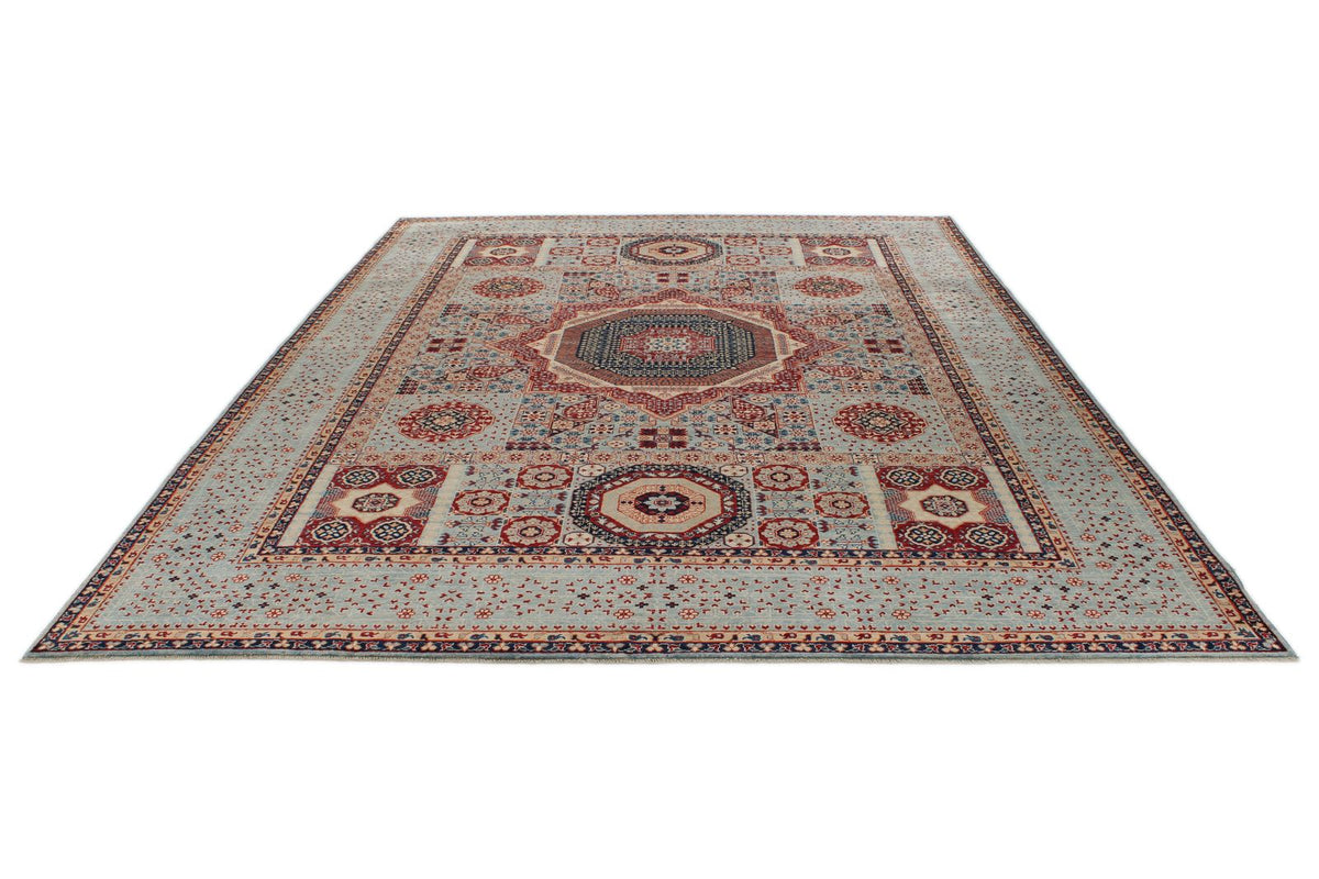 9x12 Light Blue and Multicolor Turkish Tribal Rug