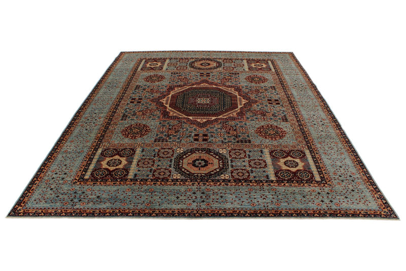 9x12 Light Blue and Multicolor Turkish Tribal Rug