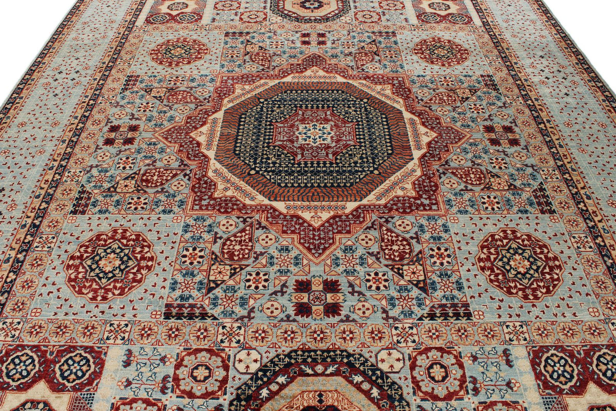 9x12 Light Blue and Multicolor Turkish Tribal Rug
