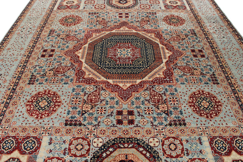 9x12 Light Blue and Multicolor Turkish Tribal Rug