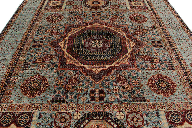 9x12 Light Blue and Multicolor Turkish Tribal Rug
