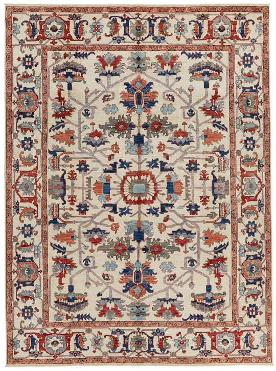 9x12 Ivory and Multicolor Anatolian Traditional Rug