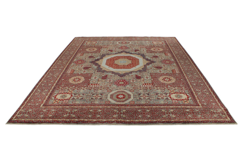 9x12 Gray and Burgundy Turkish Tribal Rug