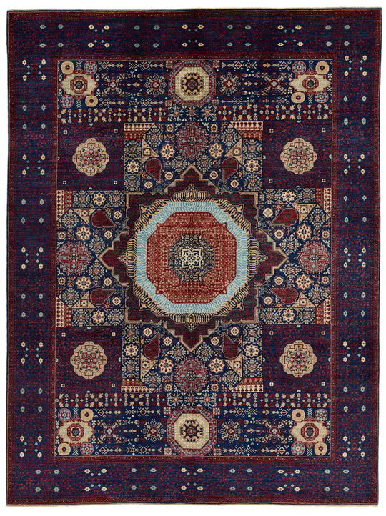 9x12 Navy and Burgundy Turkish Tribal Rug
