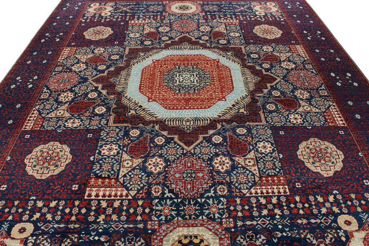 9x12 Navy and Burgundy Turkish Tribal Rug