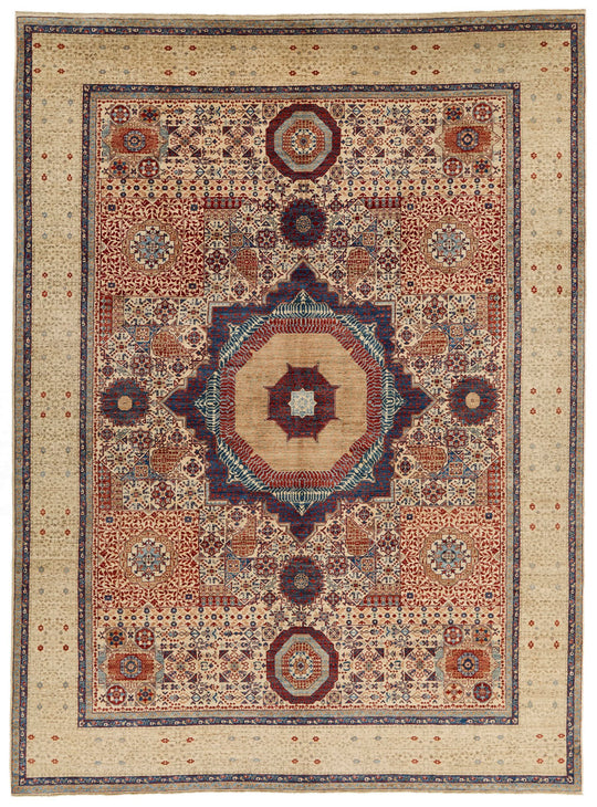 9x12 Ivory and Beige Turkish Tribal Rug