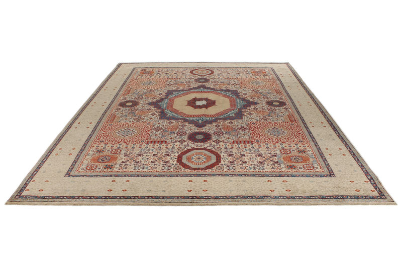 9x12 Ivory and Beige Turkish Tribal Rug