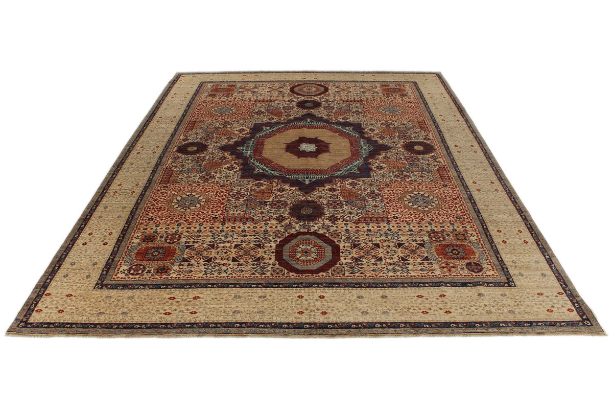 9x12 Ivory and Beige Turkish Tribal Rug