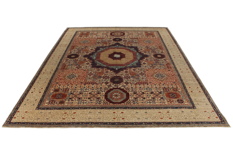 9x12 Ivory and Beige Turkish Tribal Rug