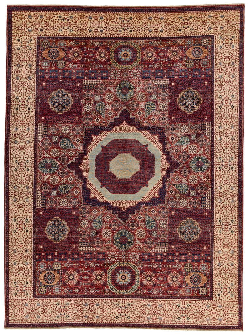9x12 Burgundy and Beige Turkish Tribal Rug