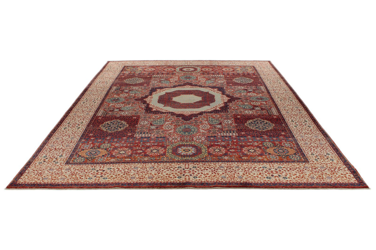 9x12 Burgundy and Beige Turkish Tribal Rug