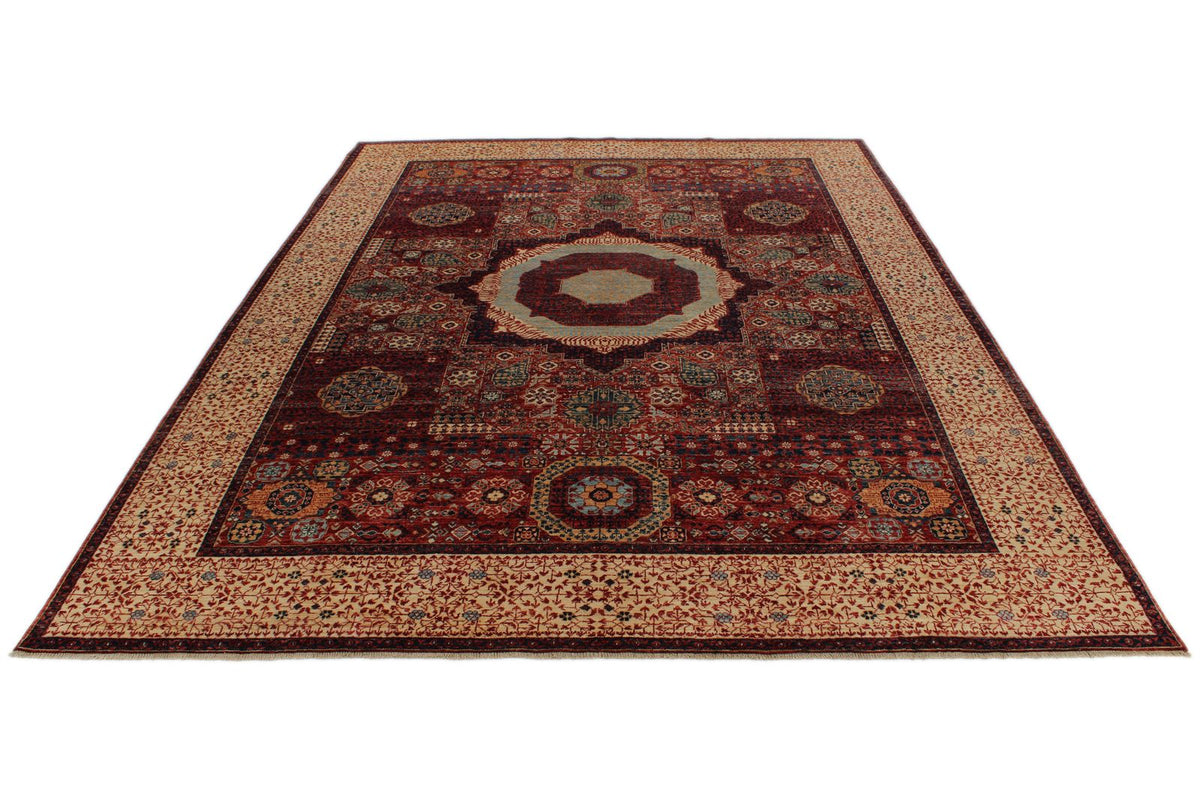 9x12 Burgundy and Beige Turkish Tribal Rug