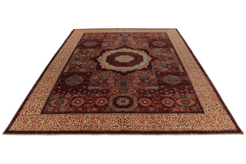 9x12 Burgundy and Beige Turkish Tribal Rug