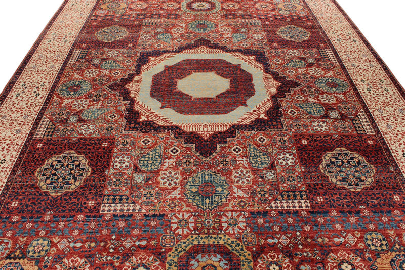 9x12 Burgundy and Beige Turkish Tribal Rug