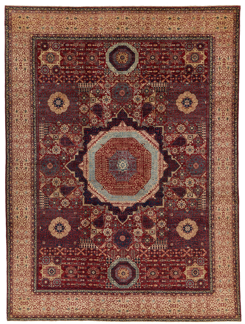 9x12 Burgundy and Beige Turkish Tribal Rug