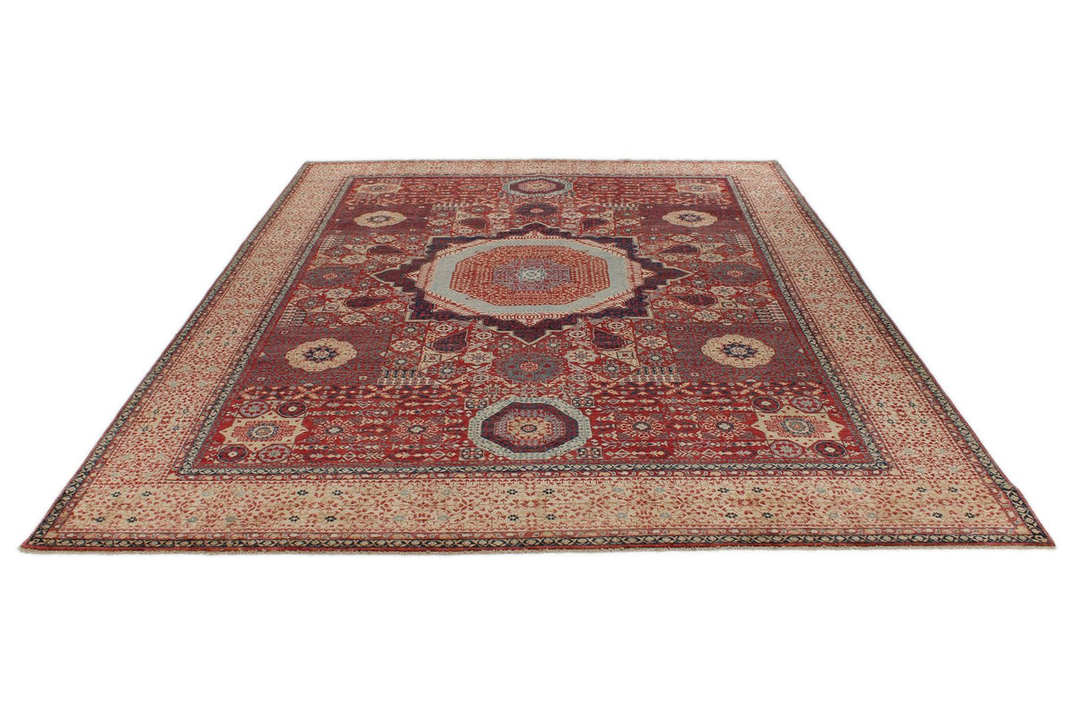 9x12 Burgundy and Beige Turkish Tribal Rug