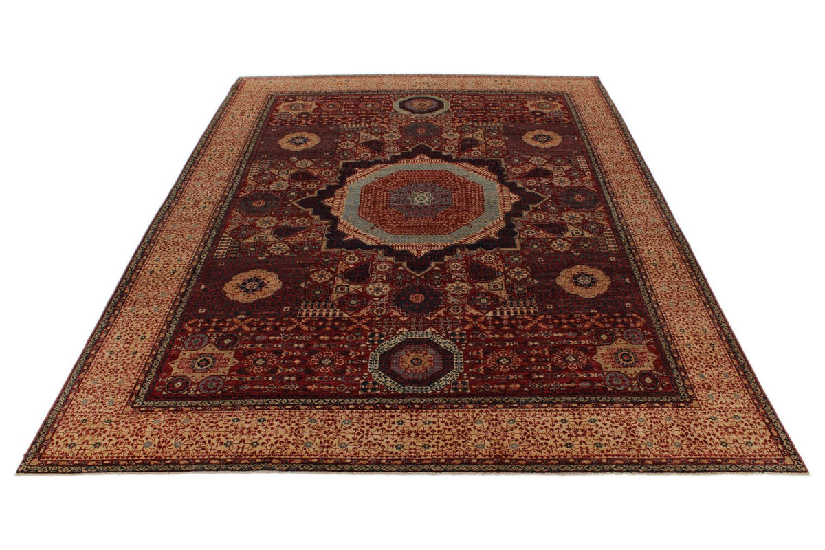 9x12 Burgundy and Beige Turkish Tribal Rug