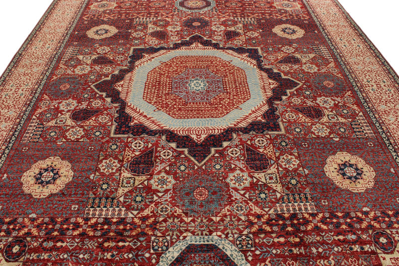 9x12 Burgundy and Beige Turkish Tribal Rug