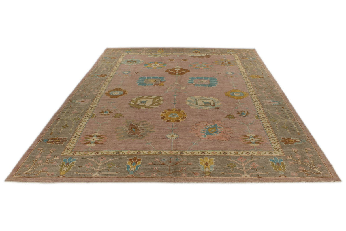 11x14 Pink and Brown Turkish Oushak Rug