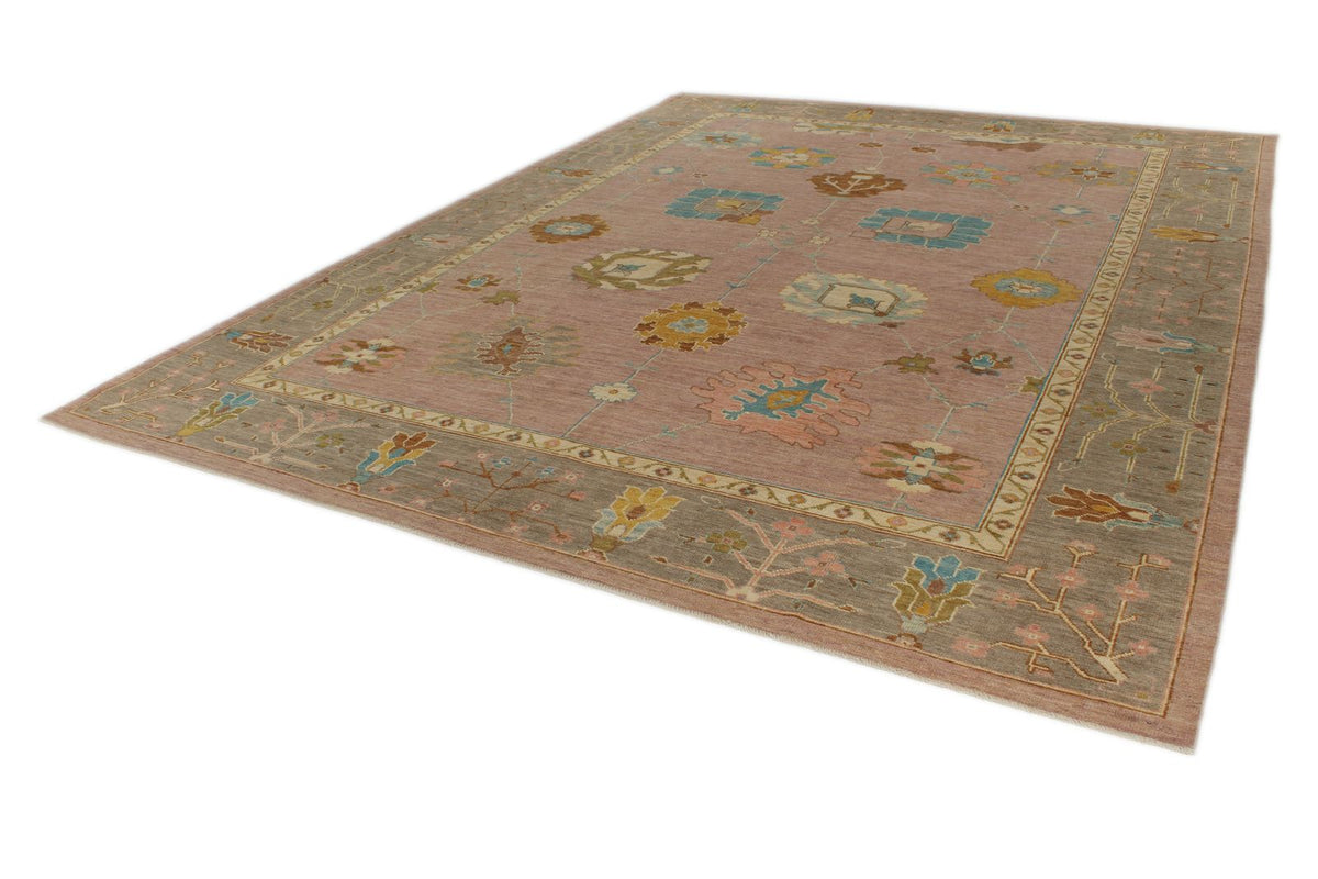 11x14 Pink and Brown Turkish Oushak Rug