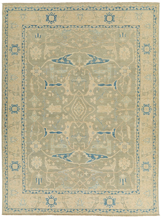 10x14 Light Olive Green and Beige Turkish Oushak Rug