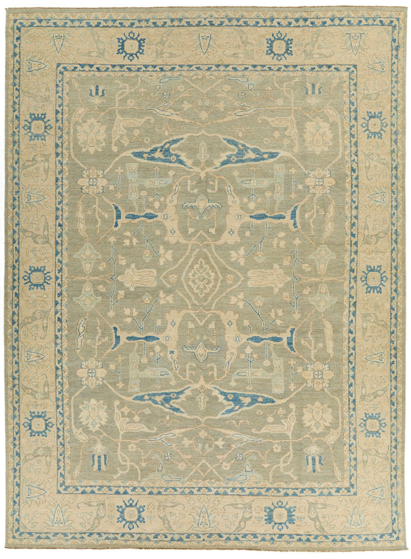 10x14 Light Olive Green and Beige Turkish Oushak Rug