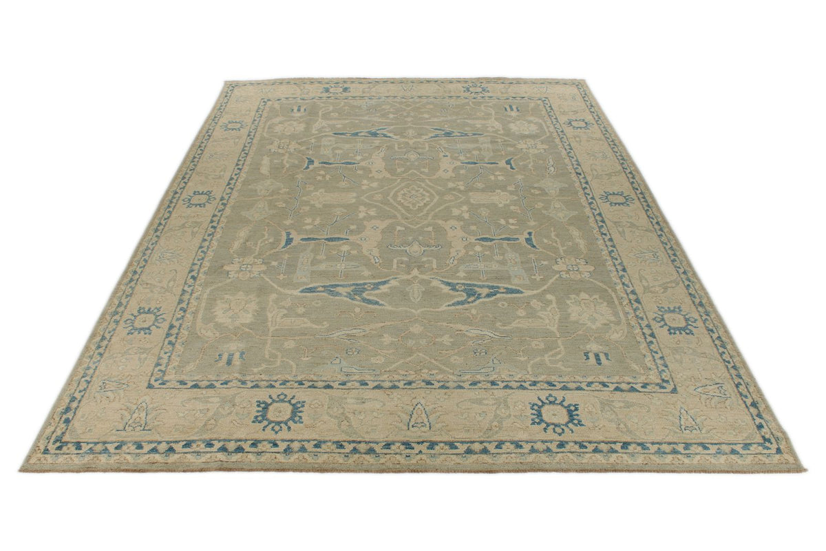 10x14 Light Olive Green and Beige Turkish Oushak Rug